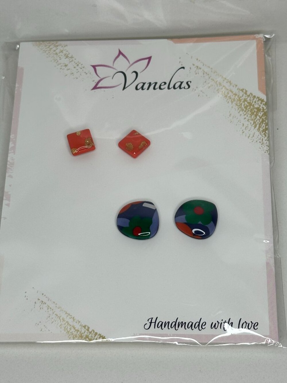 Vanelas Handmade Stud Earrings 2-Pair Set Gold Leaf Floral New